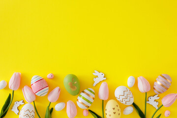 Easter decorations concept. Top view composition made of spring tulips, color eggs and cute easter bunnies on yellow background with empty space. Spring holiday card idea.