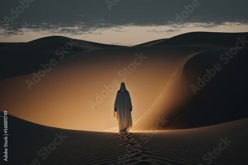 Moses in the Wilderness. The biblical Moses walks through the Sinai desert, a wilderness area, in search of the Promised Land. Good Friday Generative AI photo