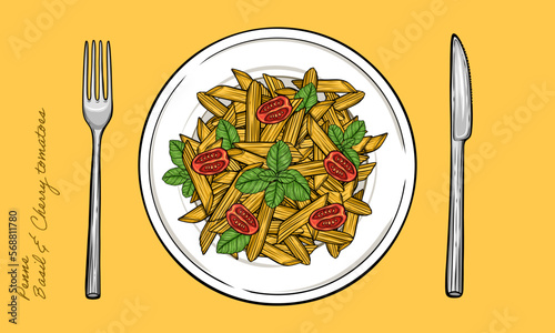 Plate of penne pasta with basil, mushrooms and tomatoes vector illustration 