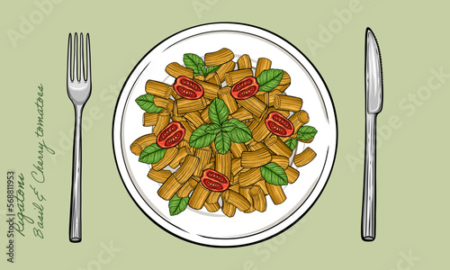 Plate of rigatoni pasta with basil, mushrooms and tomatoes vector illustration 