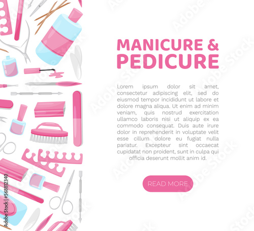 Manicure and Pedicure Banner Design with Nail Equipment Vector Template
