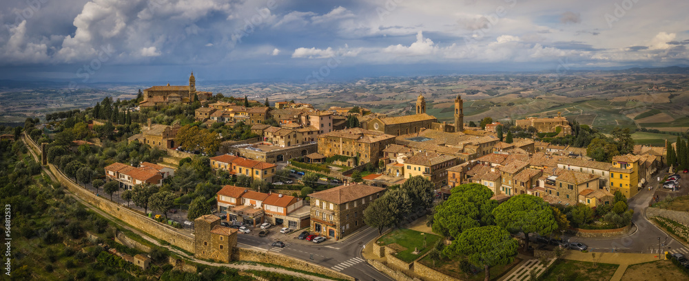 Scenery of Montalchino, a beautiful medieval town in Tuscany. Italy. Panoramic aerial drone shot, october 2022