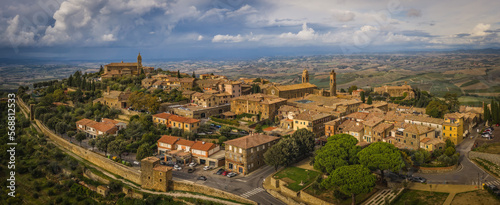 Scenery of Montalchino, a beautiful medieval town in Tuscany. Italy. Panoramic aerial drone shot, october 2022
