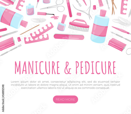 Manicure and Pedicure Banner Design with Nail Equipment Vector Template