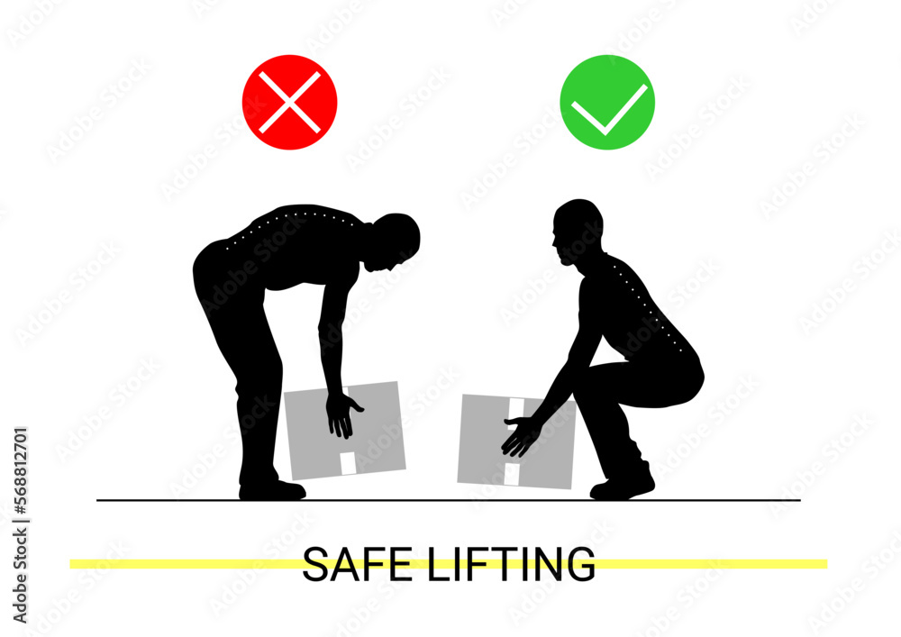 Safe lifting. Silhouettes of people lifting weights in the correct and