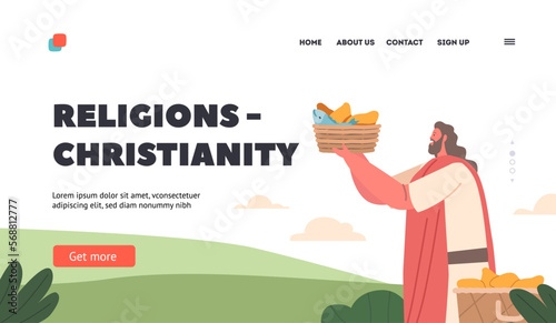 Christianity Religion Landing Page Template. Jesus Distribute Bread and Fish. Biblical Narrative about Feeding Crowd