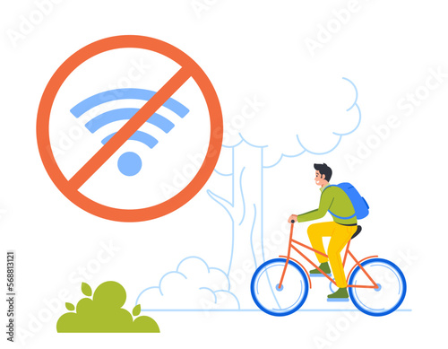 Digital Detox, No Wi-Fi Concept with Smiling Young Man Character Riding Bicycle. Cheerful Adult Resting in Park