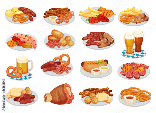 Oktoberfest Food Served on Plate and Beer in Mug Big Vector Set