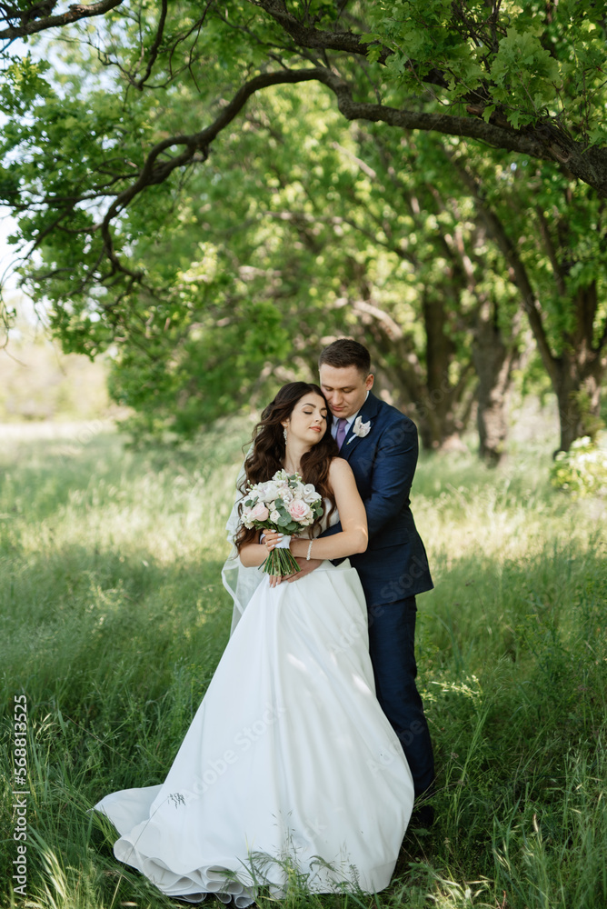 the groom and the bride are walking in the forest the groom and the bride are walking in the forest