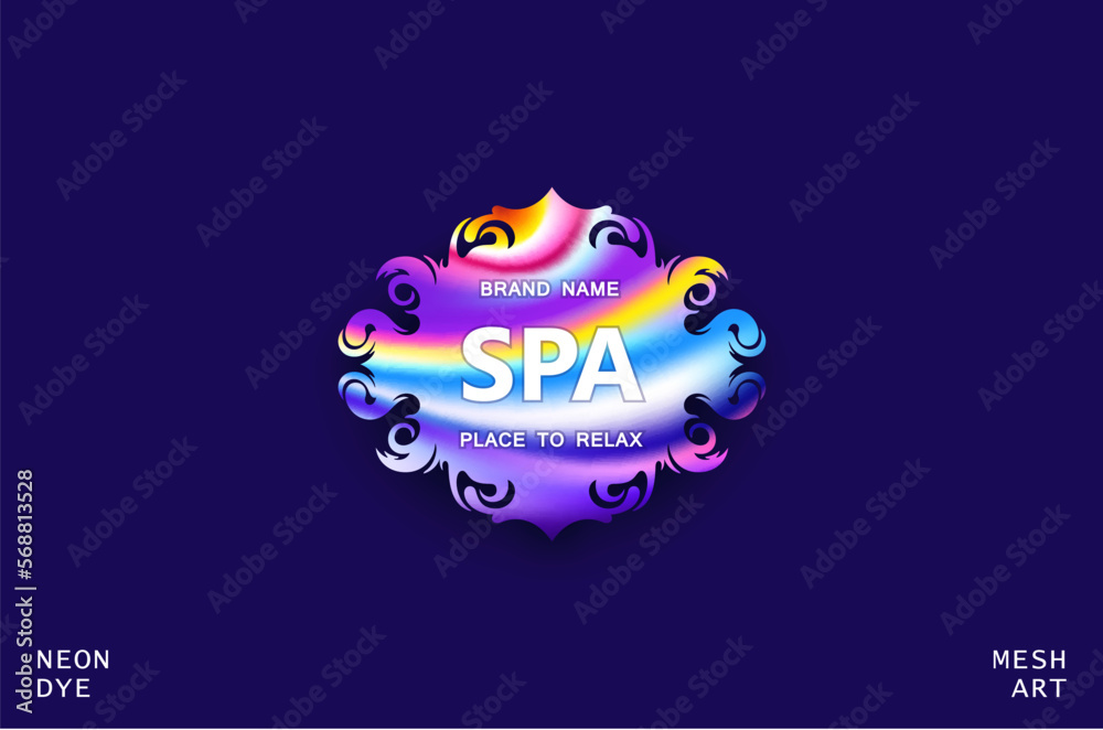 Trendy design for label, sticker or signboard. Organic fluid frame with neon flow filling. Mixing iridescent colors. Vector template