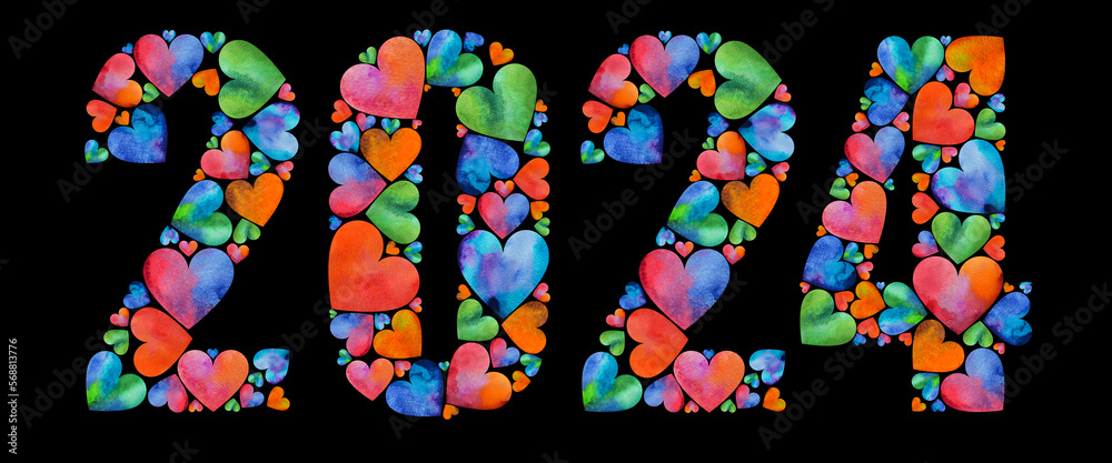 2024. new year. figures from watercolor hearts. multicolored background for decoration.