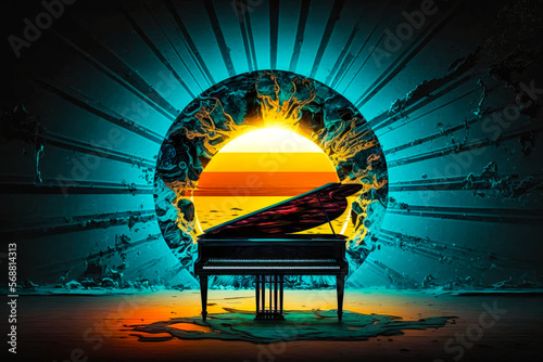 a colorful painting of a grand piano standing in front of a giant moon on a dark background, yellow, turquoise (generative AI)