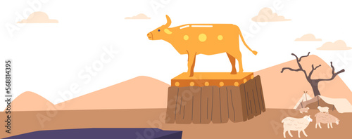 Large Golden Taurus Standing on Pedestal in Desert. Jews Statue of Animal for Worship. Cartoon Vector Illustration
