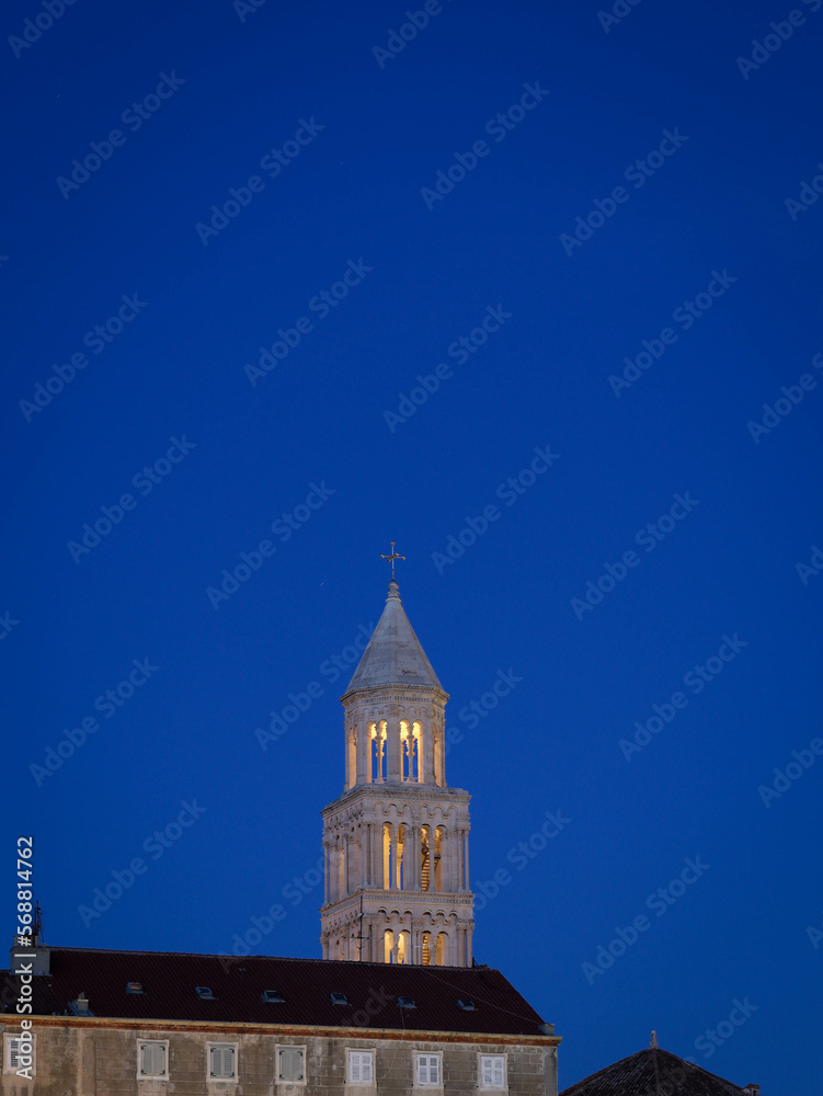 night view of a historical church tower at Split Croatia