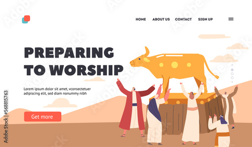 Preparing to Worship Landing Page Template. Ancient Jews Characters Worshiping Golden Taurus. Women and Men Dancing