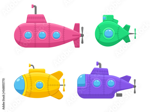 Colorful submarines set with periscope isolated on white background. Underwater ship, bathyscaphe floating under sea water. Deep-sea subs for water transportation. Vector illustration