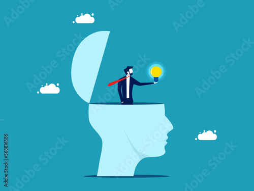 Businessman opens creativity in his head. Find a clear idea. vector illustration
