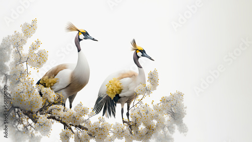 Pair of red crowned cranes on light blurred background. Generative AI.