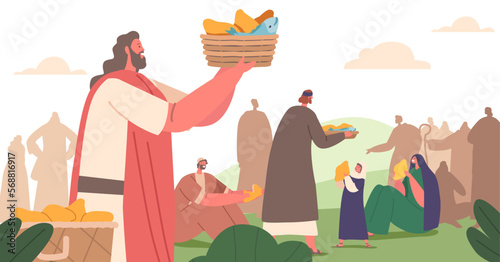 Jesus and Followers Characters Give Bread and Fish. Biblical Narrative about Feeding Hungry Crowd. Vector Illustration