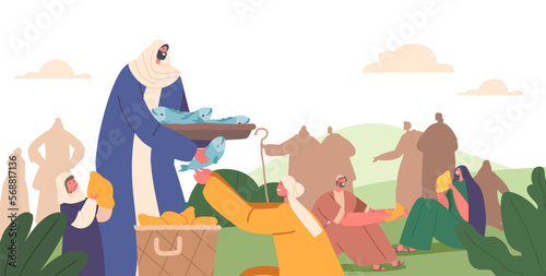 Jesus Christ Apostles Giving Food to Woman and Son Characters. Biblical miracle. Cartoon People Vector Illustration