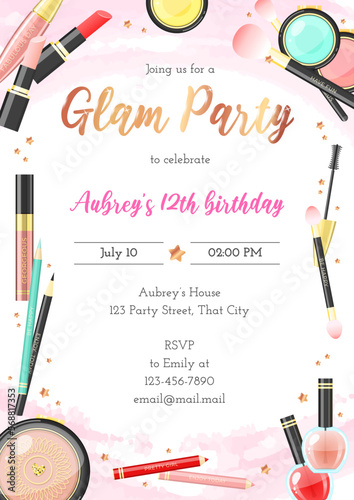 Glam birthday party invitation template. Beautiful background of colorful makeup products and golden stars. Vector illustration 10 EPS.