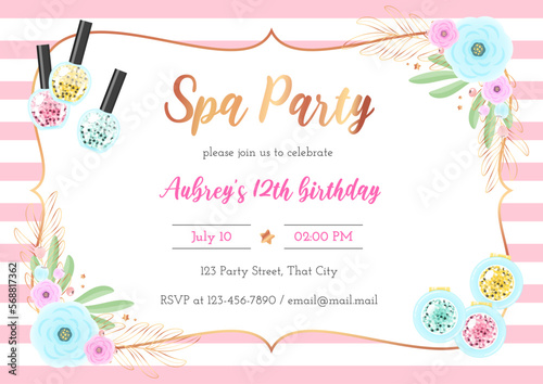 Spa birthday party invitation template. Beautiful pink striped background with golden frame, flowers and sparkling makeup products. Vector illustration 10 EPS.