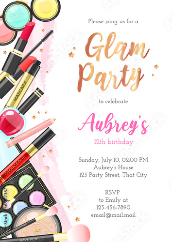 Glam birthday party invitation template. Beautiful background of colorful makeup products and golden stars. Vector illustration 10 EPS.