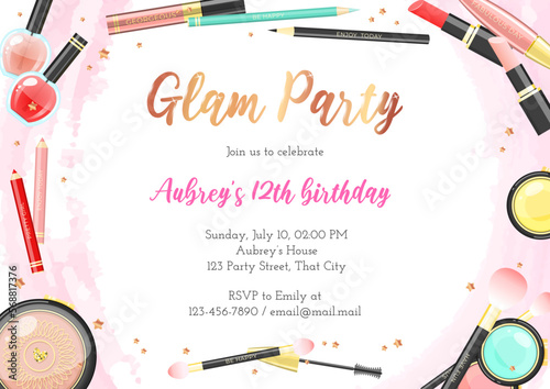 Glam birthday party invitation template. Beautiful background of colorful makeup products and golden stars. Vector illustration 10 EPS.