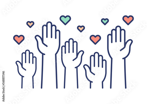 Volunteers and charity work. Raised helping hands. Vector icon background banner illustrations with a crowd of people ready and available to help and contribute. Positive foundation, business, service