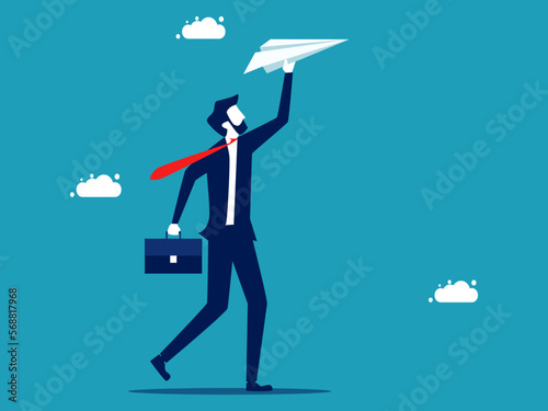 Businessman holding a paper plane. Help support to achieve goals. business concept vector illustration