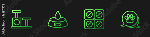 Set line Dog pill, Cat scratching post with toy, Pet food bowl for cat or dog and Paw print. Gradient color icons. Vector
