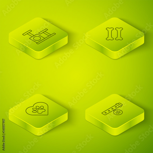 Set Isometric line Dog bone, Heart with animals footprint, Collar name tag and Cat scratching post toy icon. Vector