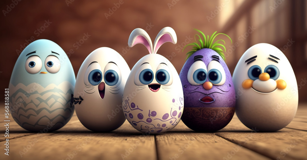 Obraz premium Happy funny group Easter egg cartoon character, Easter concept, generated ai