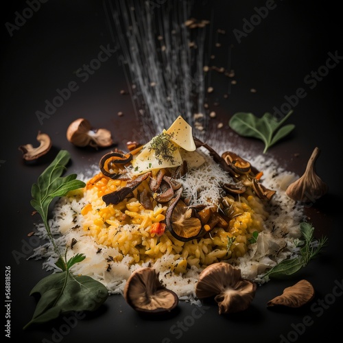 a plate of Italian risotto, topped with mushrooms and Parmesan cheese © Digital Dreamscape