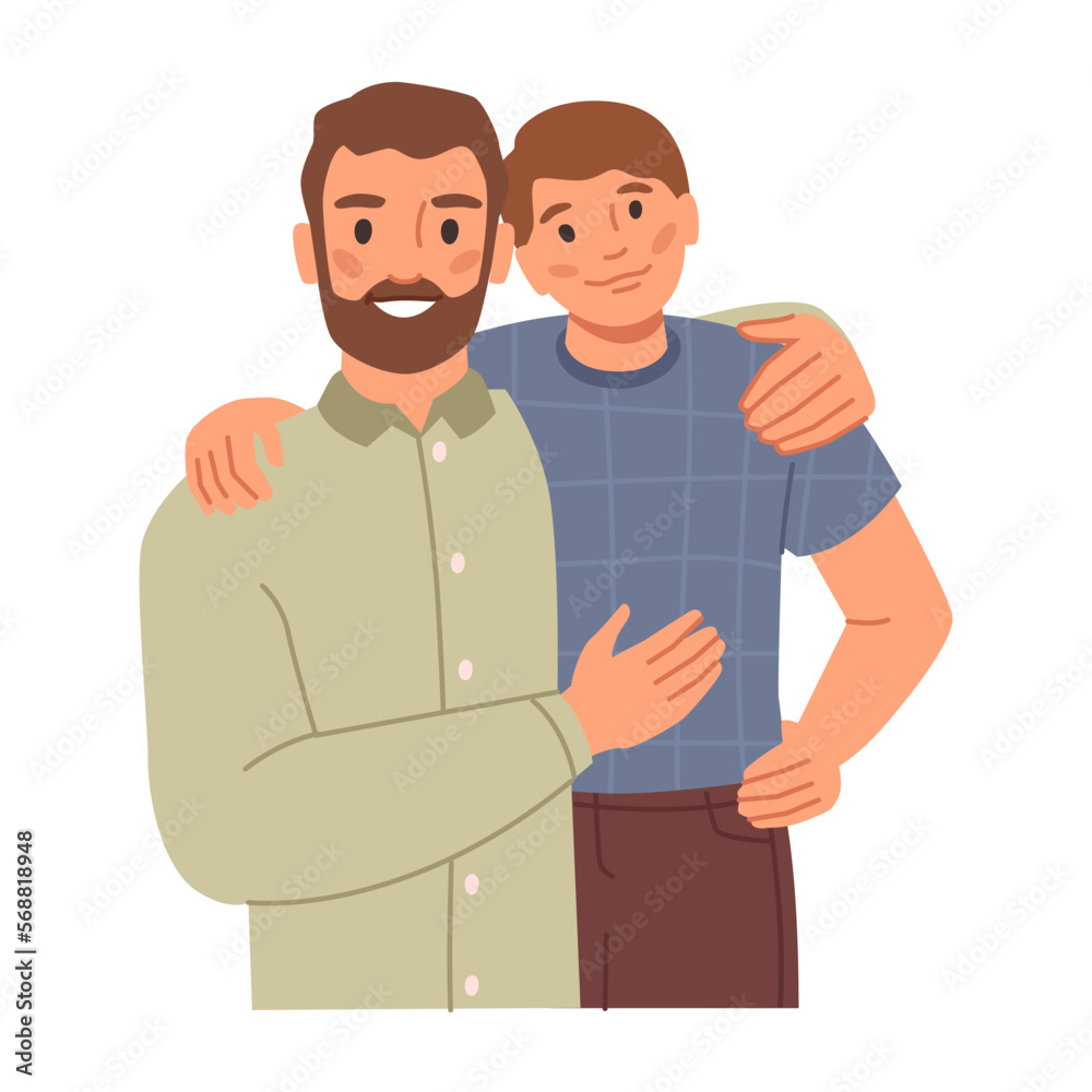 Father cuddling kid, isolated dad hugging teenage boy. Parent proud of child, happy family moments and relationships. Vector in flat style illustration Father cuddling kid, isolated dad hugging teenage boy. Parent proud of child, happy family moments and relationships. Vector in flat style illustration