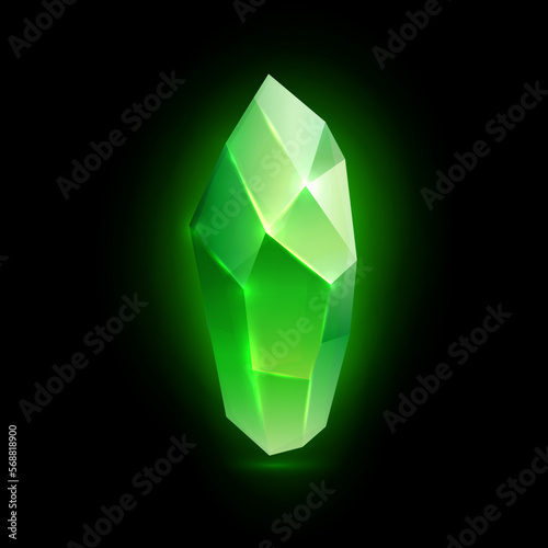 Emerald isolated glowing crystal, precious stone or mineral. Aventurine or alexandrite gemstone for jewelry making or game design. Vector in realistic style