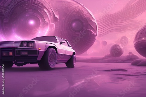 Retro Sci-Fi futuristic background 1980s style 3d illustration. Digital landscape in a cyber world. For use as design cover. v13 Luxury retro car executed in pink and purple colors - generative ai