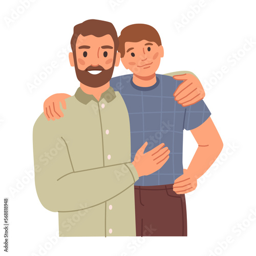 Father cuddling kid, isolated dad hugging teenage boy. Parent proud of child, happy family moments and relationships. Vector in flat style illustration