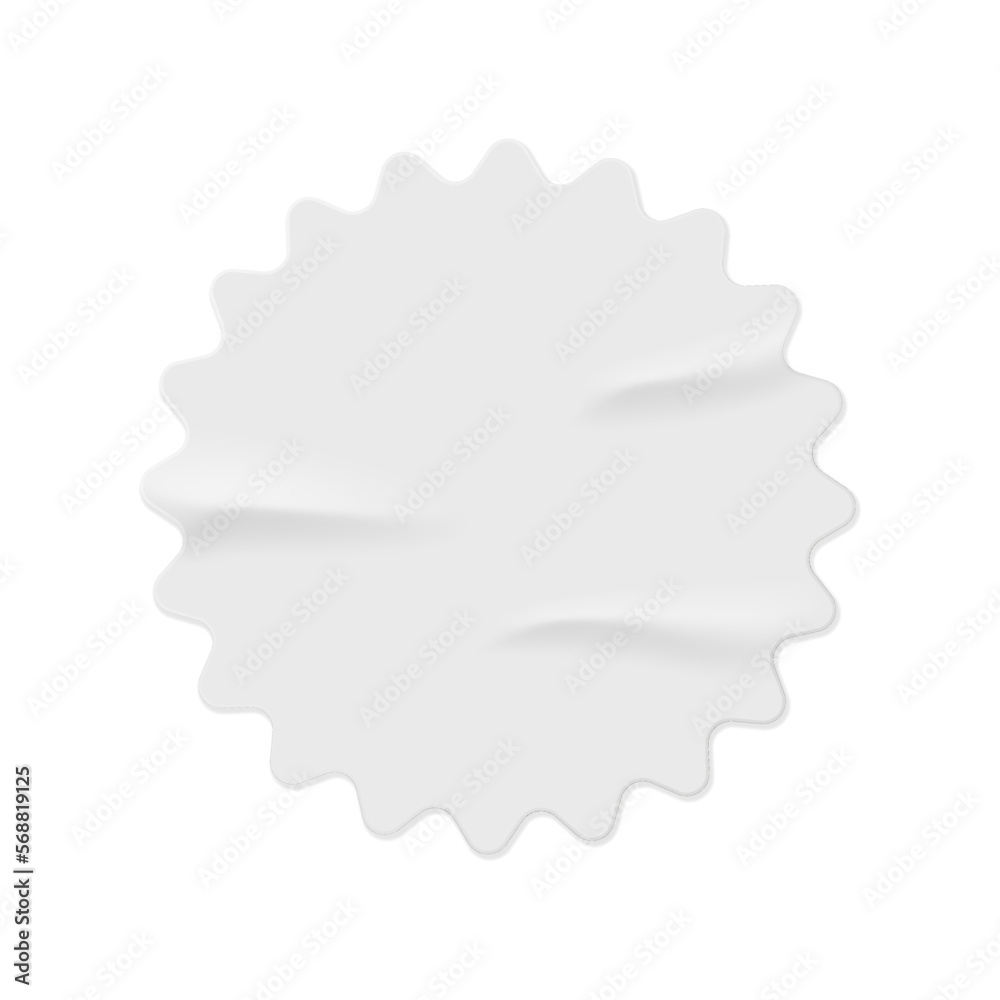 Round and colorless wrinkled glued sticker. Isolated icon of empty label or emblem with copy space made of crumpled paper material. Vector in realistic style Round and colorless wrinkled glued sticker. Isolated icon of empty label or emblem with copy space made of crumpled paper material. Vector in realistic style