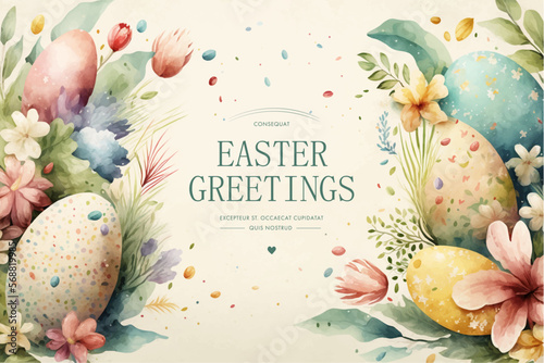 Easter basket with eggs and bunny decorated with flowers. Happy easter. Generated AI