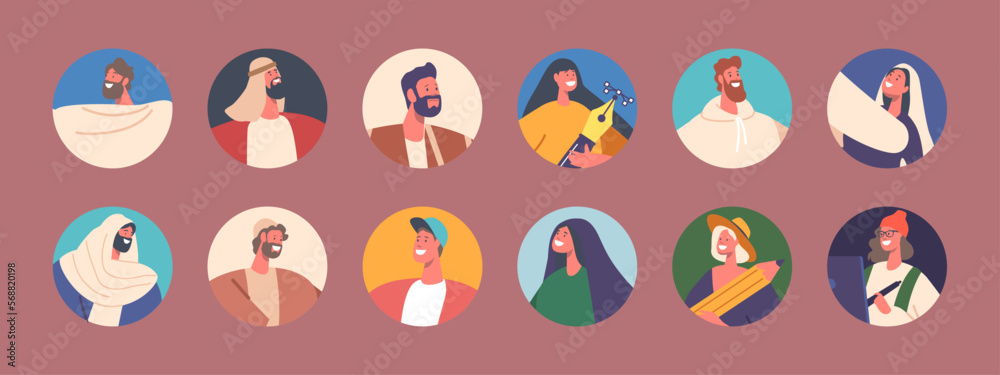 Positive Men and Women Round Icons Set. Smiling Persons in Ancient and Modern Clothes. Cartoon Vector Illustration Positive Men and Women Round Icons Set. Smiling Persons in Ancient and Modern Clothes. Cartoon Vector Illustration