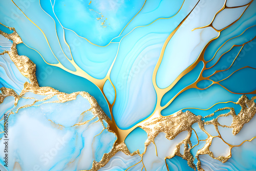Swirl of blue gold marble abstract background, Liquid marble design abstract, light blue azure tones with golden, Paint marble texture. Alcohol ink colors, Generative Ai.