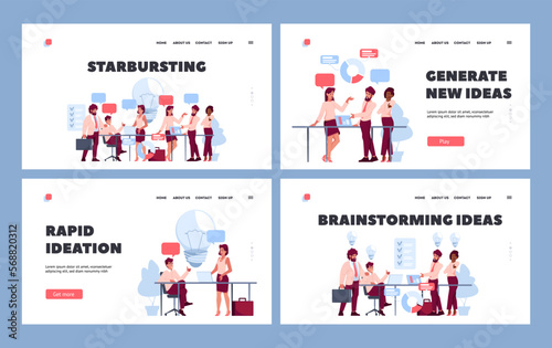 Brainstorming Ideas Landing Page Template Set. Entrepreneur Characters Meeting in Office. Men and Woman Thinking