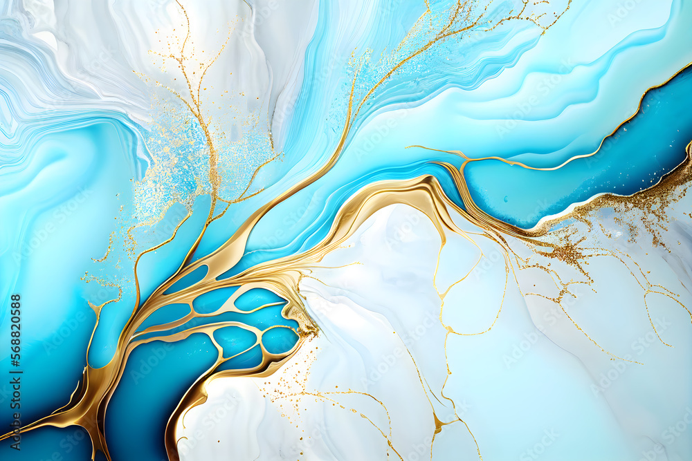 Swirl of blue gold marble abstract background, Liquid marble design abstract, light blue azure tones with golden, Paint marble texture. Alcohol ink colors, Generative Ai. - obrazy, fototapety, plakaty 