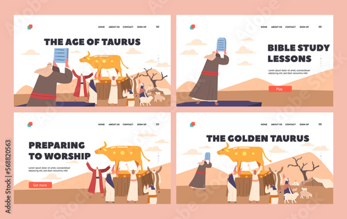 Worship to Golden Taurus Landing Page Template Set. Moses Character Hold Ten Commandments Cartoon Vector Illustration