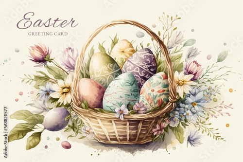 Easter basket with eggs and bunny decorated with flowers. Generated AI
