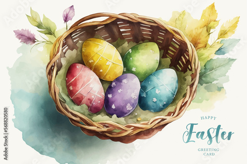Easter basket with eggs and bunny decorated with flowers. Generated AI