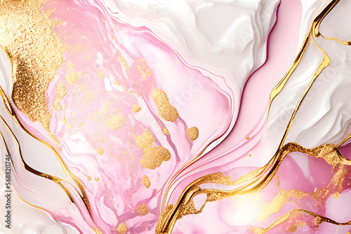 Swirl of pink gold marble abstract background, Liquid marble design abstract, light pink azure tones with rose golden, Paint marble texture. Alcohol ink colors, Generative Ai.