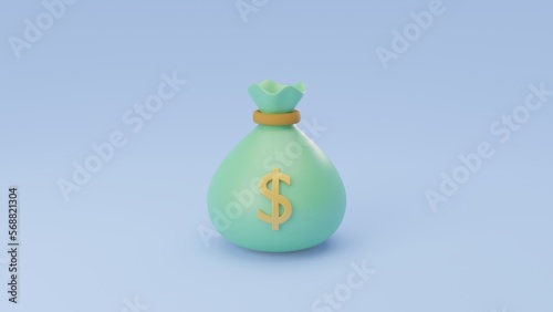 3d render money bag icon with dollar sign and gold coins stack on blue background. pastel money finance bonus concept.
