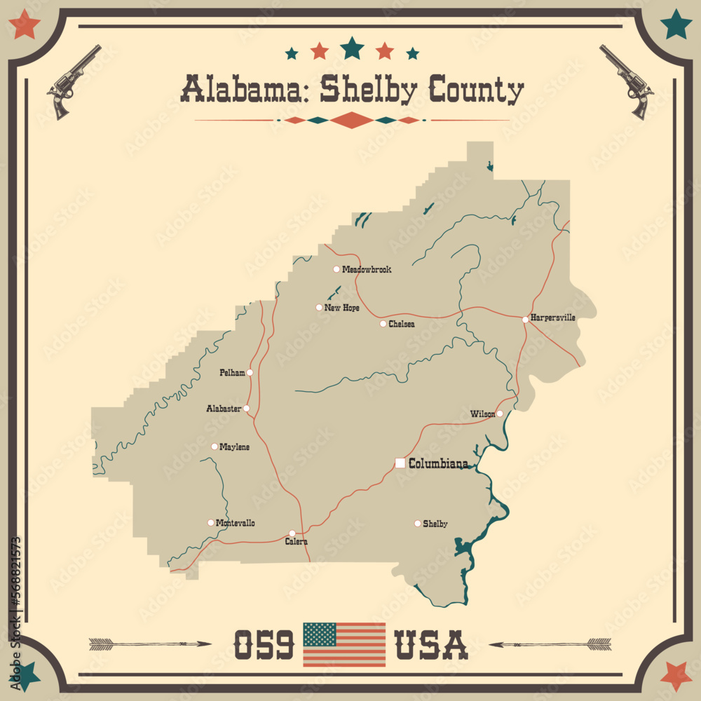Large and accurate map of Shelby county, Alabama, USA with vintage